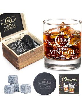 Unique 40th Birthday Gifts for Him - Whiskey Glass Set, Stones & Coaster in Wood